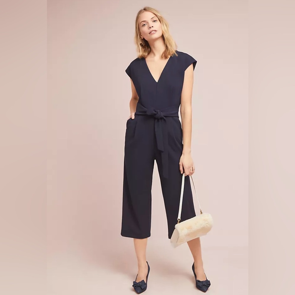 Anthropologie Ett:twe navy blue jumpsuit V-neck sleeveless attached belt M - Picture 4 of 12